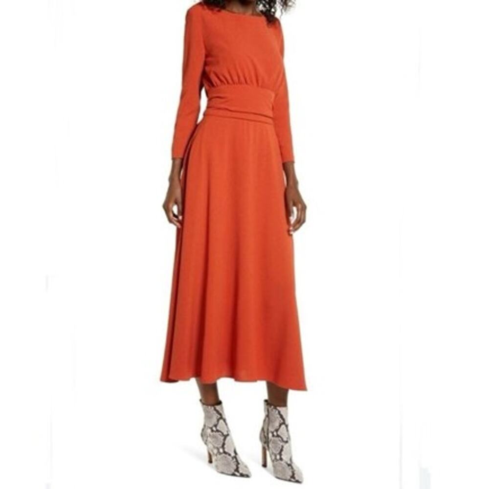 Julia Jordan Pumpkin Orange Midi Dress Size 10 Belted 3/4 Sleeve Fall Wedding
